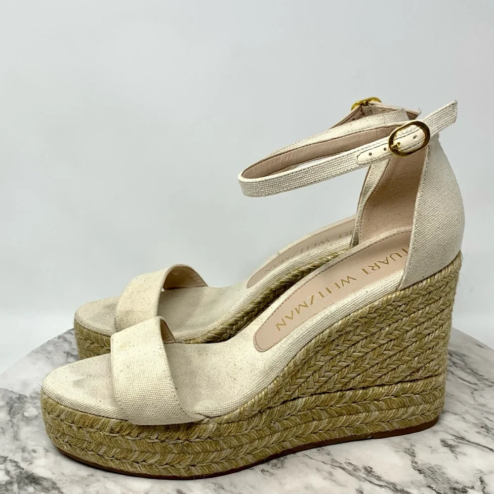 Stuart Weitzman Floria Cream Canvas Espadrille Wedges 8.5 Coastal Resortwear - Picture 3 of 16